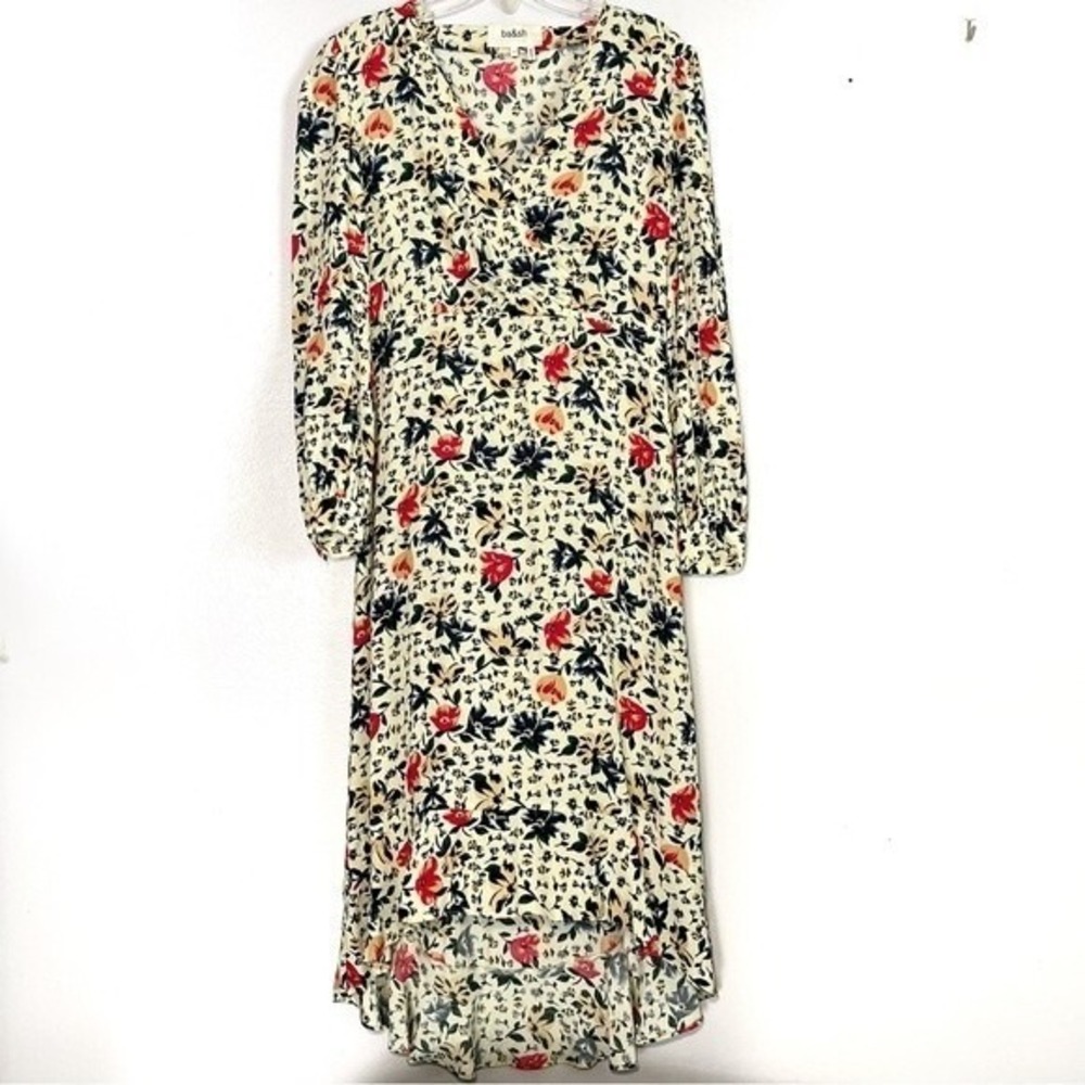 Ba&sh Paloma Floral Midi Dress Cream Red Long Sleeve Faux Wrap -‎ Small